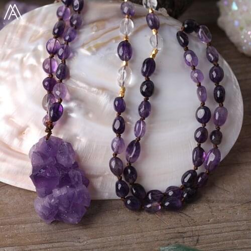 Natural Amethysts Quartz Chunky Pendant 8mm White Amethysts Quartz Chip Beads Knot Handmade Necklace For Women Yoga Jewelry
