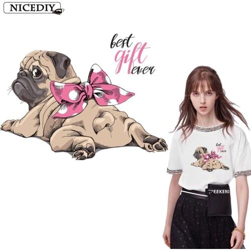 Nicediy Cute Pug Thermo Stickers Iron On Transfer For Clothes Stripes Heat Vinyl Transfer Dog Patch Thermal Patches Washable DIY