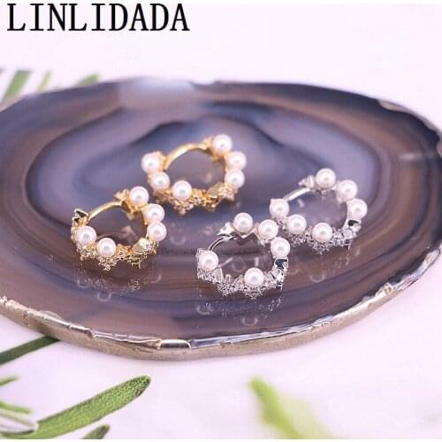 New Fashion 5Pair White pearl beads with cz paved circle hoop earring for women lady wedding earrings gift