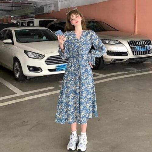 Dresses for Women 2021 Long Sleeve Floral Print Vintage Dress V-Neck Puff Sleeve Mid Dress Spring Summer French Dress Women