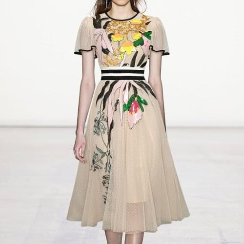 Luxury Sequins Women Flower Mesh Embroidery Dress Elegant O-Neck Pleated Dresses 4611