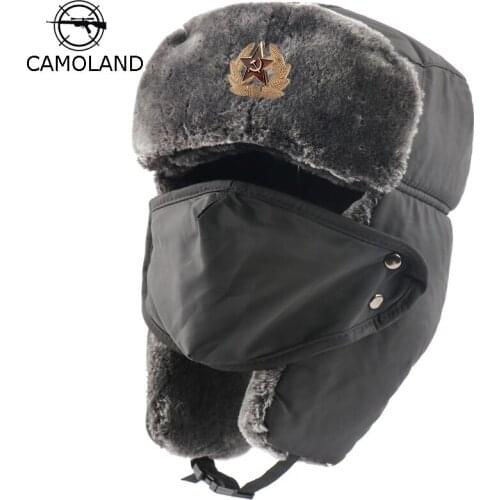 CAMOLAND Soviet Badge Russia Ushanka Winter Hat Men Thermal Faux Fur Bomber Hats Women Earflap Cap Pilot Trapper Trooper Hats