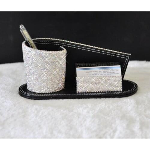 High-end Leather Pen Holder All Rhinestonrs Car Card Holder Office Desk Organizer Stand Storage Box Interior Accessories