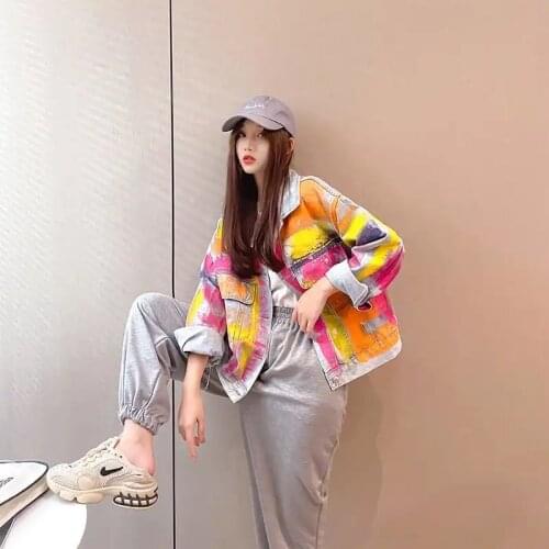 Fashion Blue Denim Jacket Female Korean Short Hand Painted Graffiti Print Jeans Jacket Autumn Casual Jeans Coat Loose Streetwear