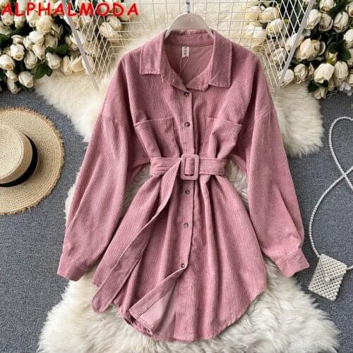 ALPHALMODA Autumn Fall Chic Women Corduroy Shirt Turn-down Collar Pocket Sashes Ladies Fashion Shirt Short Dress