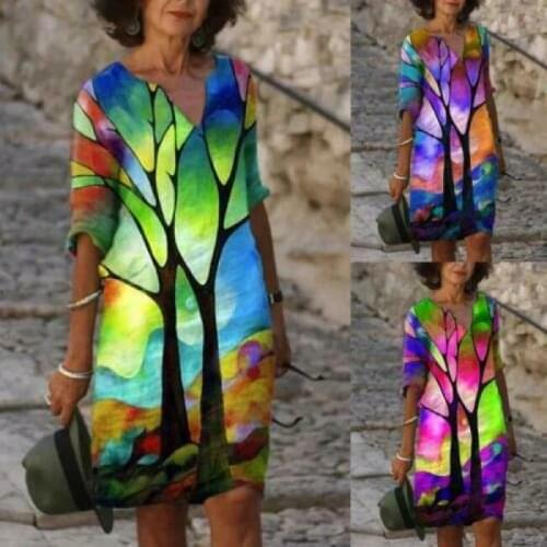 Womens 2021 Fashion Art Printed V Neck 3/4 Sleeves Loose Tunic A-Line Dress YBWL