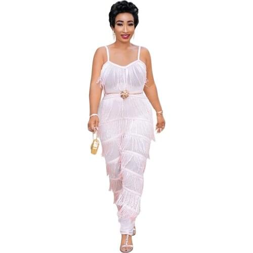 Plus Size Sling Tassel Jumpsuit Women Spaghetti V-neck Bodycon Pink Jump Suit Sexy Bodysuit Elegant Overall Nightclub Wear