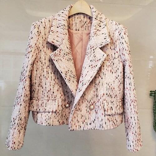 Runway Designer Tweed Woolen Blazer Womens Coat Long Sleeve Turndown Collar Short Jackets Vintage Outwear Spring Autumn