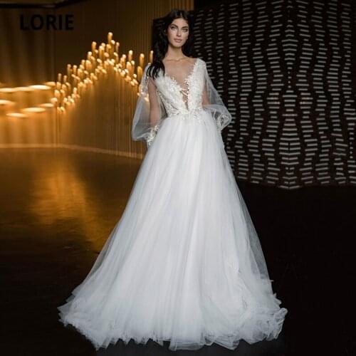 LORIE Bohemian Wedding Dresses Puffy Sleeve Appliques Lace Princess A-Line Tulle Boho Bride Gown 2021 vestidos de novia