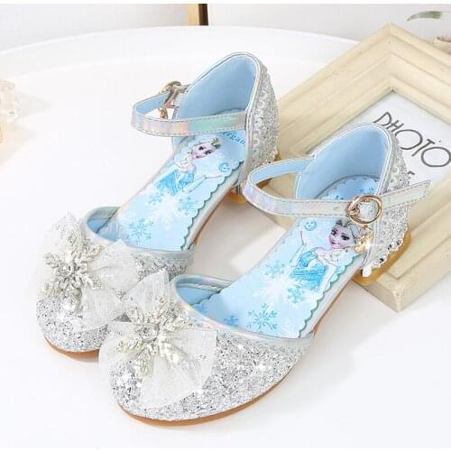 Disney Frozen Elsa Princess Sandals Girls Leather Crystal Shoes Glitter Girls Sandals Pink Blue Silver Elsa Soft Shoes