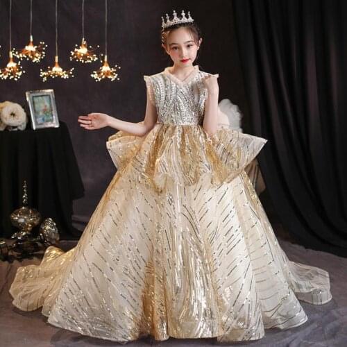 High-End Children Sequines Beading Trailing Sleeveless Evening Gown Kids Catwalk Birthday Party Princess Dresses For Girl L1165
