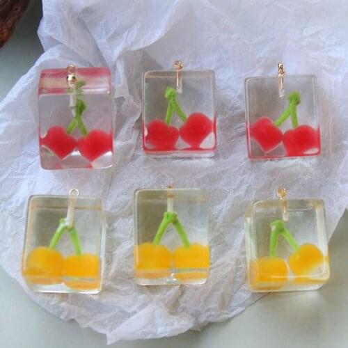 DIY Jewelry Findings Cube Square 3D Resin Necklace Pendants 10pcs 18*16mm Colorful Transparent Fruit Cherry Earring Charms