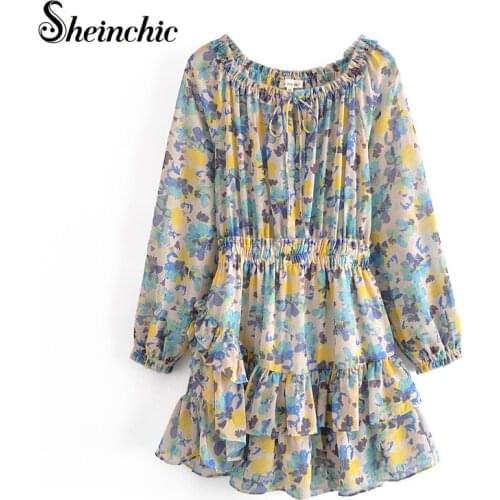 Vacation Bohemian Floral Printed Chiffon Beach Dress Elegant O-neck Long Sleeve Ruffles Mini Dresses for Women 2021