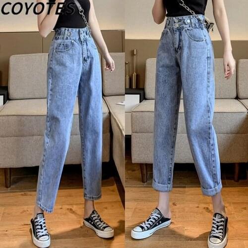 COYOTES Women Jeans Straight Pants Womens High Waist Ankle-length Washed Trousers Casual Slim Korean Style Denim Streetwear