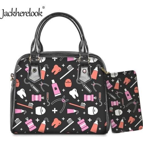 Jackherelook Medical Doodle Print Nurse/Dentist/Doctor Tote Bag Luxury PU Handbag Clutch Wallet 2pcs/Set for Women Crossbody Bag