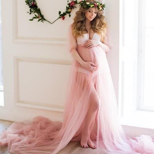 Pretty Pink See Through Long Robe Maternity Dress For Photoshoot Full Sleeves Babyshower Honeymoon Engagement Nightgown