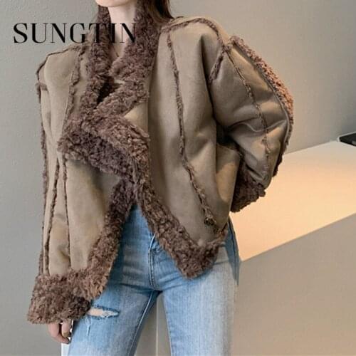 Sungtin Faux Suede Fur Coats Women Vintage Thick Warm Motorcycle Jacket Zipper Pink Loose Outwear Korean Chic Female Streetwear