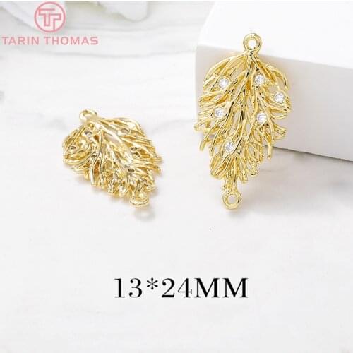 4PCS 13x24MM 24K Gold Color Plated Brass with Zircon Leaf Leaves Connector Charms Pendants High Quality Diy Jewelry Accessories