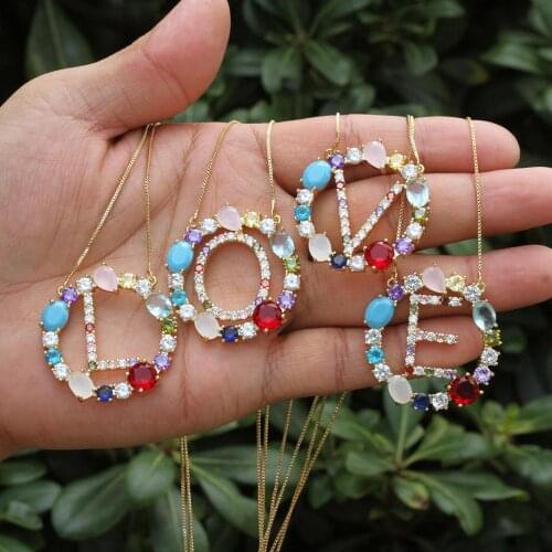Fashion Rainbow Color Crystal Zircon 26 Letter Alphabet Pendant Necklace, Initial Letter CZ Stone Women Jewelry Pendant