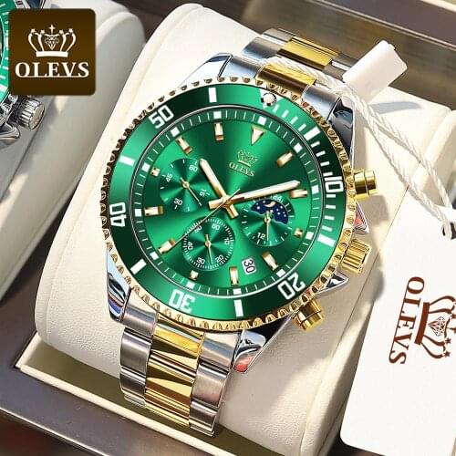 OLEVS Mens Chronograph Quartz Watches Green Dial Luxury Stainless Steel Watches For Men Waterproof Relogio Masculino Luminous