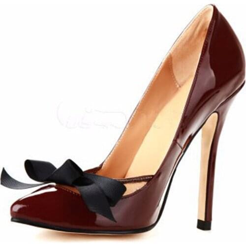 Minan Ser Sexy fashion free postage chocolate patent leather bow decoration 11 cm high-heeled shoes. Size: 35-43