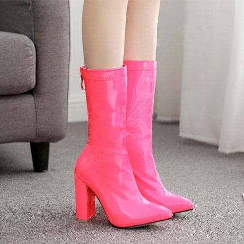 Sexy Womens Martin Boots Microfiber Zipper Pink Green Platform Nude Boots Ladies Fashion Party High Heels