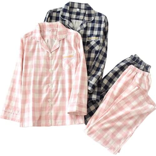 New couple 100% cotton pajamas sets women Sexy Plaid Simple long-sleeve ladies sleepwear Casual Japanese men and women pyjamas