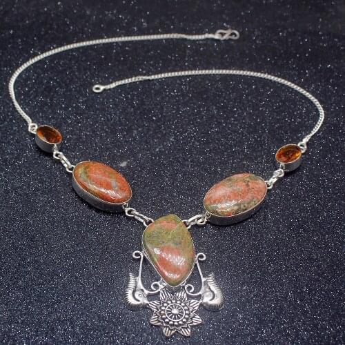 Fantasy Charm Natural Green Unakite Silver Color Women Pendant Necklace Chain 19 Inch HD605