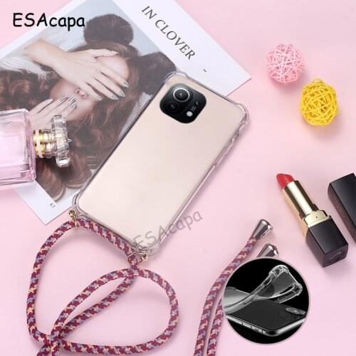 Shockproof Transparent Soft Phone Case For xiaomi MI 11 ULTRA 10T lite Note 10 pro 8 10 6X A2 Crossbody Lanyard Cord Strap Cover