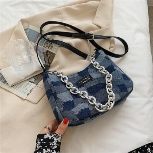 High Quality Denim Tote Underarm Bags For Women Patchwork Plaid Thick Chain Female Shoulder Crossbody Bag Vintage Luxury Handbag