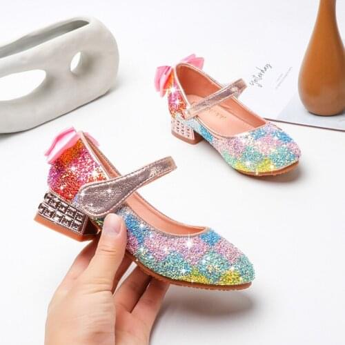 Girls Princess Shoes Children Sequined Dance Shoes Little Girl Crystal Heel Shoes Students All-match Single Shoes