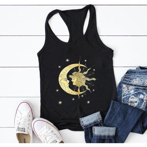 Harajuku Summer Funny Women Tank Top Metal Moon And Sun Print Vest for Femme Tops Round Neck Sleeveless Casual Tank Tops