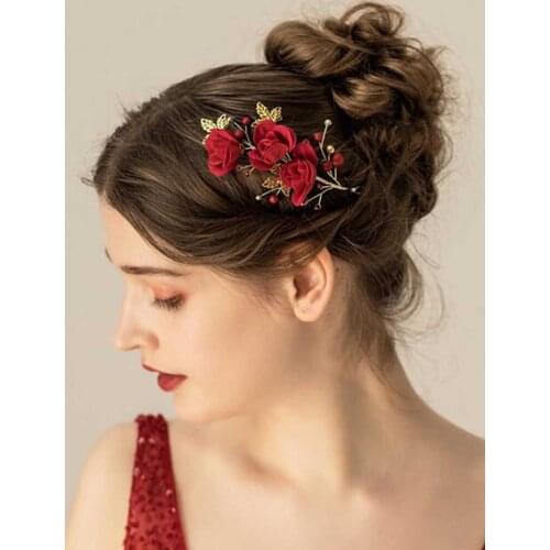 Women flower Leaves Gold Headband Bridal Red Flower Hair Jewelry for Wedding and Party