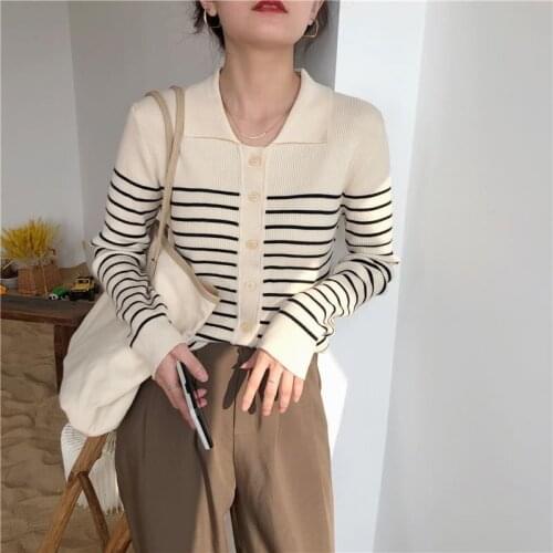 Vintage Stripe Cardigans For Women Spring Autumn Long Sleeve Slim Sweater Outwear Ladies Streetwear Elegant Polo Collar Cardigan