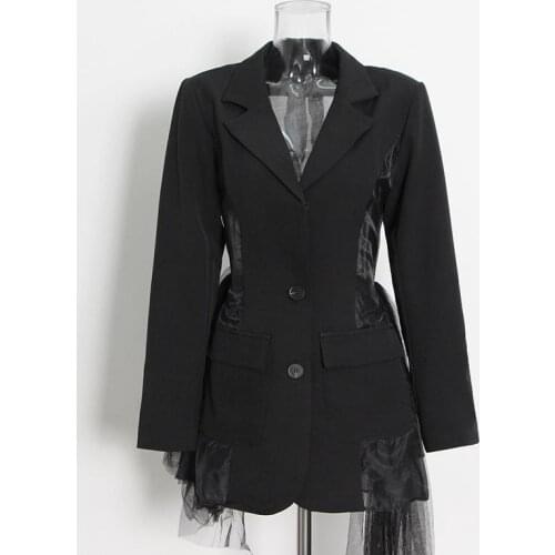 Womens Straight Blazer Solid Color Mesh Fringe Patchwork Notched Long Sleeve Single-Breasted Jacket Office Slim Blazer 2021 New
