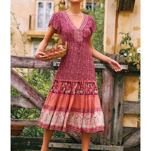 Happie Queens vintage Floral print sashes beach Robe Bohemian maxi dress Ladies cross V neck happie dress vestidos