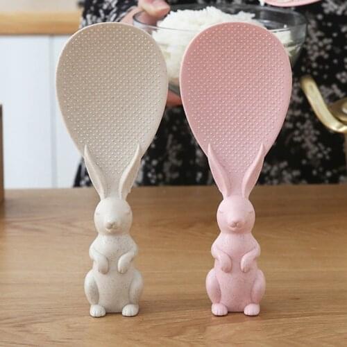 Creative Standing Rice Spoon With Cartoon Rabbit Shape Handle Wheat Straw Non-Stick Shovel Rice Spoon 1pc