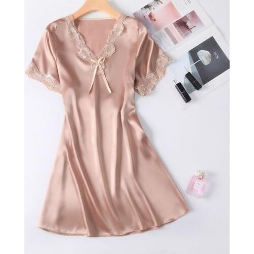 2021 Lace Decor Sleepwear Womens Summer Dress Sexy Women Mini Dress V-Neck Short Sleeve Loose Oversize Pajamas Female Nightie