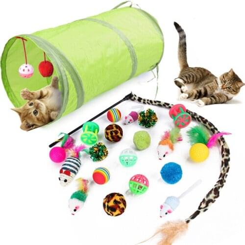21Pcs Cat Interactive Toy Stick Feather Wand Holes Play Tubes Balls Small Bell Mouse Cage Toys Plastic Colorful Cat Teaser Toy