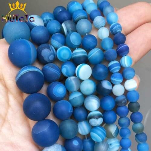 Natural Stone Beads Dull Polish Matte Blue Striated Agates Loose Beads For Jewelry Making DIY Bracelets 15'' 4/6/8/10/12/14mm