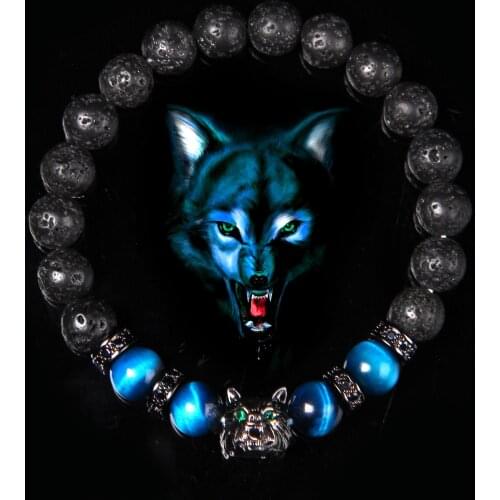 Wolf Charm Bracelets Men Natural Black Lava Stone Bracelets Brave Tiger Eye Bracelets Women Elastic Jewelry 8 mm Beads Pulsera