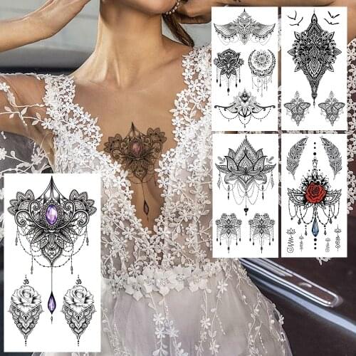 Black Lace Pendant Fake Temporary Tattoo For Women Owl Chains Jewelry Tattoos Sticker Rose Chest Waist Waterproof Tatoos Feather