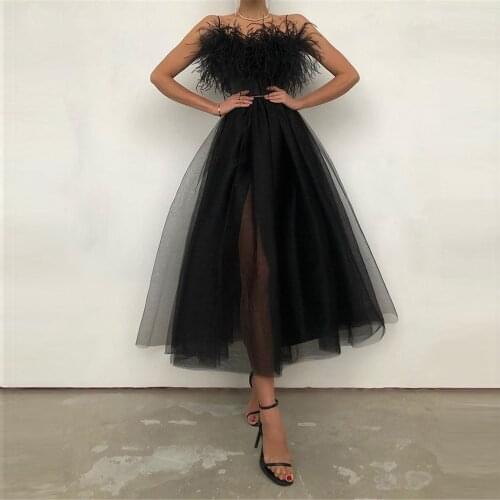 2021 Black Evening Party Dresses With Feather Tulle A Line Prom Gowns Spaghetti Straps Side Slit Party Dress vestidos de fiesta