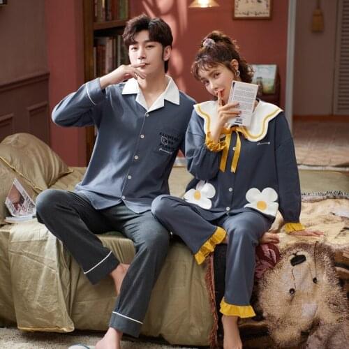 New Korean Version of Couples Home Wear Long Sleeve Trousers Sweet Cute Baby Lapel Pajamas Women Mens Cotton Suit