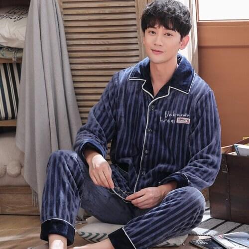 Flannel Flano Man Boy Turn-down Collar Button-Down Winter Pajamas Warm comfy in-home Sleepwear Nightwear cute Pajama A Set HDE
