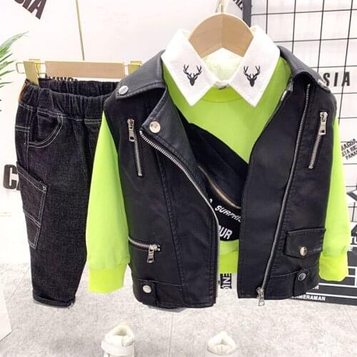 Toddler Baby Girls Boys Clothing Sets Autumn Kids Outfits boys PU Leather vest,Sweater,shirt and jeans 4pcs boys Tracksuit