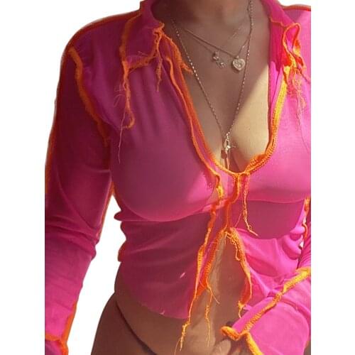 Hot Sale Ladies Top Sexy Solid Color Long Sleeve See Through Front and Back Wearing Mesh Perspective Shirt Summer Casual Tops