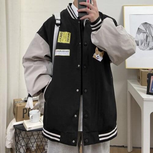 2021 Spring Autumn Jacket Mens Baseball Jacket Japanese Style Corgi Printing Men Bomber Jacket Casual School Wear Coat Harajuku