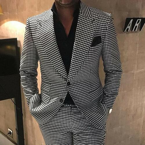 Mens Black&White Houndstooth Tweed Blazer Suits Groom Prom Wedding Tuxedos Lapel