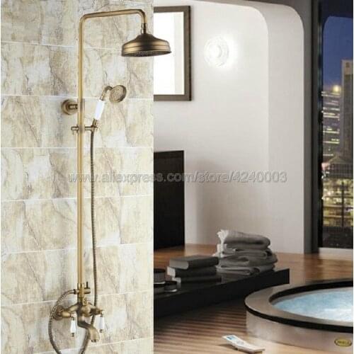 Wall Mounted Antique Brass 8 Inch Round Rainfall Shower Head + Tub Spout + Brass Hand Sprayer Mixer Tap Krs162